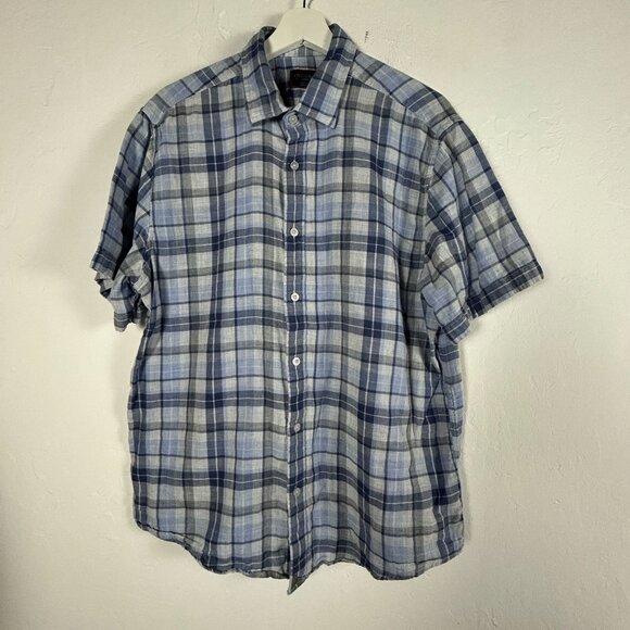 Untuckit Mens Plaid Short Sleeve Button-Down Cotton Benjamin Shirt Large Blue - Picture 1 of 8